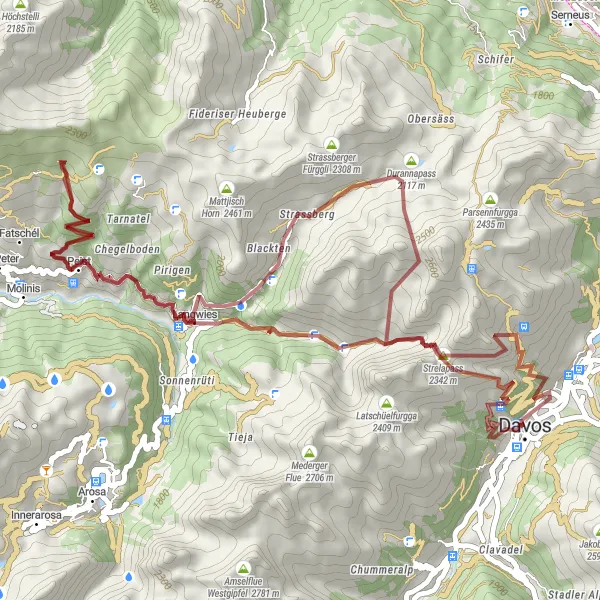 Karttaminiaatyyri "Haastava Gravel Pyöräreitti Davoksen lähellä" pyöräilyinspiraatiosta alueella Ostschweiz, Switzerland. Luotu Tarmacs.app pyöräilyreittisuunnittelijalla