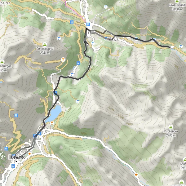 Miniaturekort af cykelinspirationen "Scenic Cycling Route to Davos" i Ostschweiz, Switzerland. Genereret af Tarmacs.app cykelruteplanlægger