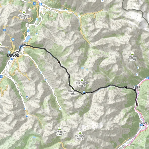 Miniatua del mapa de inspiración ciclista "Ruta de Ciclismo de Carretera desde Davos a Flüelapass" en Ostschweiz, Switzerland. Generado por Tarmacs.app planificador de rutas ciclistas
