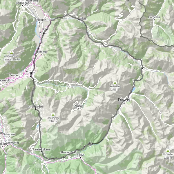 Karttaminiaatyyri "Maantiepyöräilyä Alppien läpi - Davos-Chur-Davos" pyöräilyinspiraatiosta alueella Ostschweiz, Switzerland. Luotu Tarmacs.app pyöräilyreittisuunnittelijalla