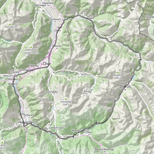 Zemljevid v pomanjšavi "Kolesarska pot Wiesen - Chur - Klosters Dorf - Wolfgangpass - Davos" kolesarske inspiracije v Ostschweiz, Switzerland. Generirano z načrtovalcem kolesarskih poti Tarmacs.app