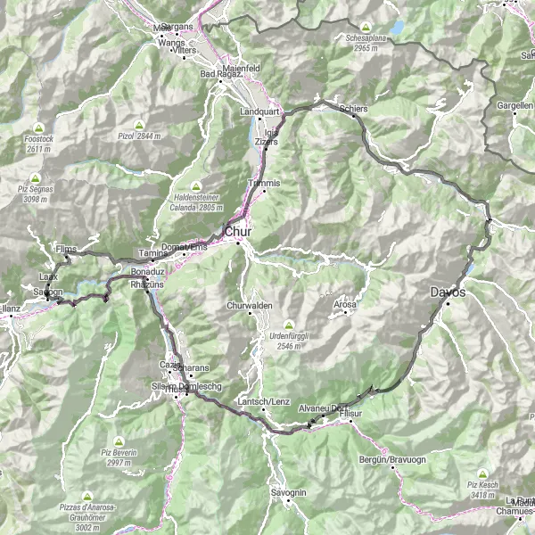 Karttaminiaatyyri "Alppireitti Wiesenistä Laaxiin" pyöräilyinspiraatiosta alueella Ostschweiz, Switzerland. Luotu Tarmacs.app pyöräilyreittisuunnittelijalla