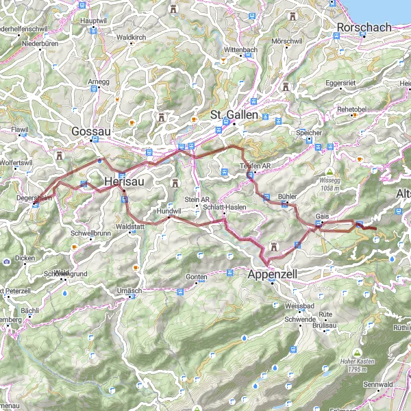 Mapa miniatúra "Trasa cez Ruine Rosenberg, Teufen AR, Göbsi, Stoss, Gais, Aussichtspunkt Reservoir, Hundwil, Herisau a Polishöchi" cyklistická inšpirácia v Ostschweiz, Switzerland. Vygenerované cyklistickým plánovačom trás Tarmacs.app