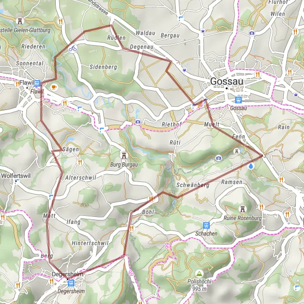 Karten-Miniaturansicht der Radinspiration "Rundtour Flawil - Gossau - Degersheim" in Ostschweiz, Switzerland. Erstellt vom Tarmacs.app-Routenplaner für Radtouren