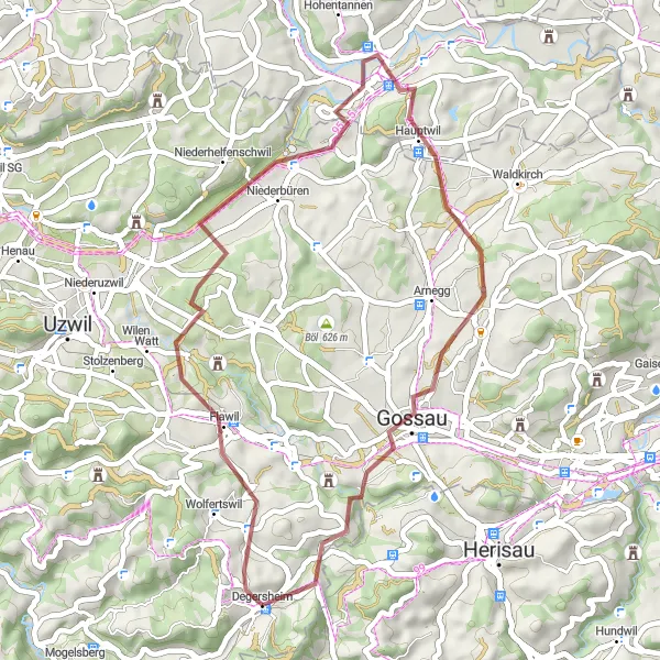 Miniatua del mapa de inspiración ciclista "Ruta de grava a Flawil y Bischofszell" en Ostschweiz, Switzerland. Generado por Tarmacs.app planificador de rutas ciclistas