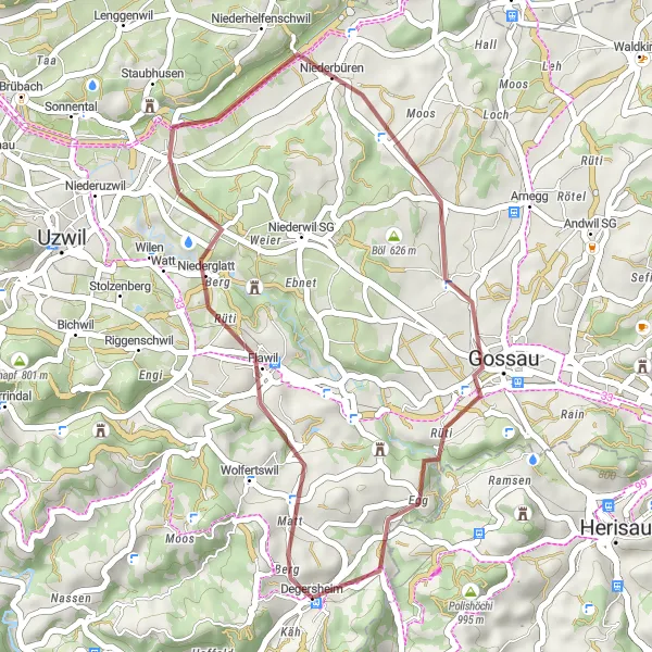 Miniatura della mappa di ispirazione al ciclismo "Scoperta in Gravel da Oberbüren a Degersheim" nella regione di Ostschweiz, Switzerland. Generata da Tarmacs.app, pianificatore di rotte ciclistiche
