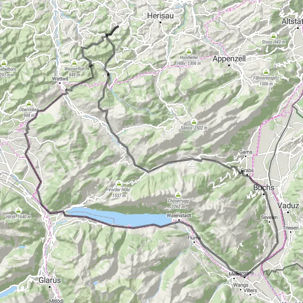 Map miniature of "The Hills Challenge" cycling inspiration in Ostschweiz, Switzerland. Generated by Tarmacs.app cycling route planner