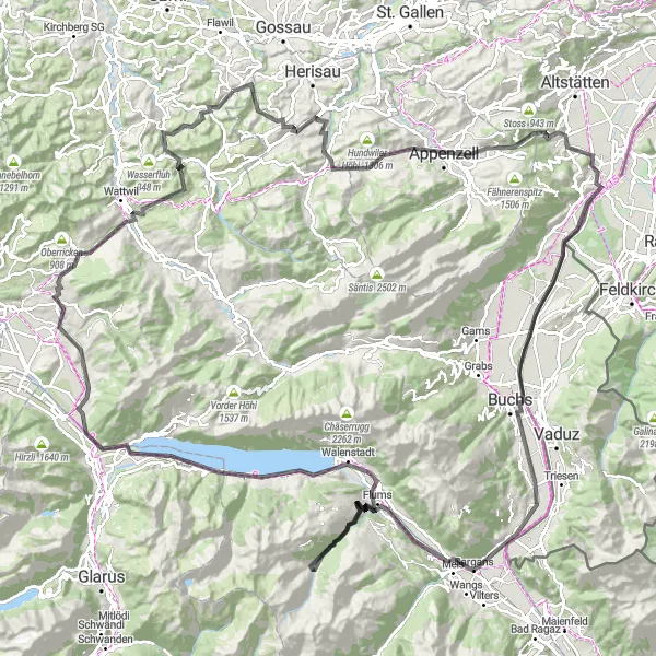 Map miniature of "Eastern Swiss Delight" cycling inspiration in Ostschweiz, Switzerland. Generated by Tarmacs.app cycling route planner