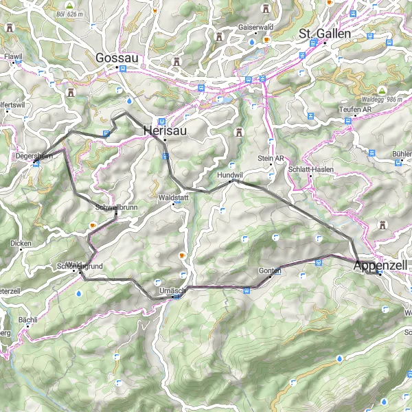 Mapa miniatúra "Cyklistická trasa cez Nieschberg a Appenzell" cyklistická inšpirácia v Ostschweiz, Switzerland. Vygenerované cyklistickým plánovačom trás Tarmacs.app