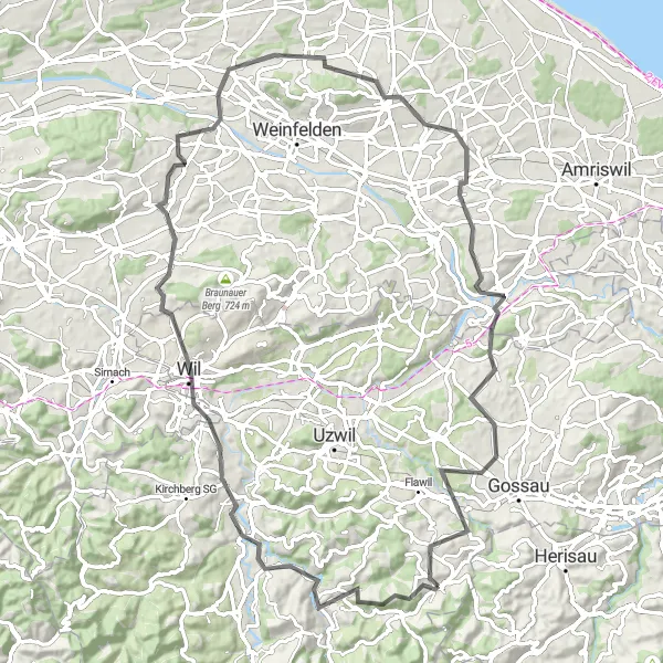 Miniaturekort af cykelinspirationen "Lang landevejscykelrute til Wil fra Degersheim" i Ostschweiz, Switzerland. Genereret af Tarmacs.app cykelruteplanlægger