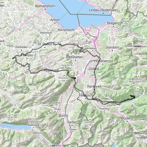 Miniaturní mapa "Náročný silniční okruh s výhledy na Alpy" inspirace pro cyklisty v oblasti Ostschweiz, Switzerland. Vytvořeno pomocí plánovače tras Tarmacs.app