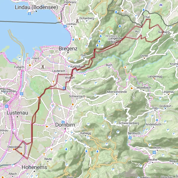 Karttaminiaatyyri "Gravel Adventure Kennelbachin maisemissa" pyöräilyinspiraatiosta alueella Ostschweiz, Switzerland. Luotu Tarmacs.app pyöräilyreittisuunnittelijalla