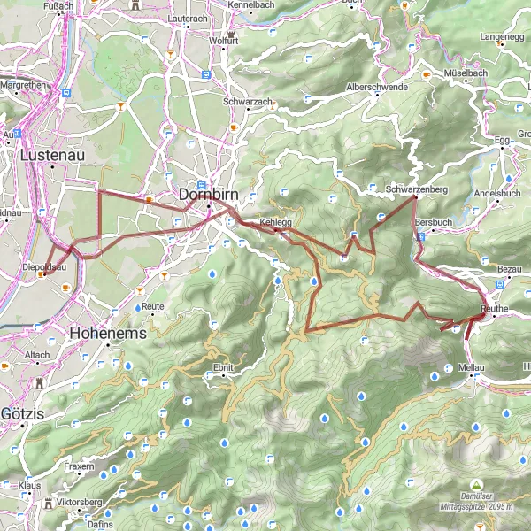 Map miniature of "Diepoldsau - Hatlerdorf - Zanzenberg - Hangköpfle - Klauser Wasserfall - Schwarzenberg - Hochälpelekopf - Dornbirn - Diepoldsau" cycling inspiration in Ostschweiz, Switzerland. Generated by Tarmacs.app cycling route planner