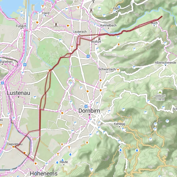 Miniature de la carte de l'inspiration cycliste "Boucle Diepoldsau - Wolfurt" dans la Ostschweiz, Switzerland. Générée par le planificateur d'itinéraire cycliste Tarmacs.app