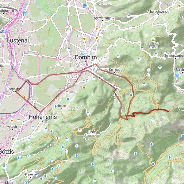 Mapa miniatúra "Gravelový výlet na južné svahy" cyklistická inšpirácia v Ostschweiz, Switzerland. Vygenerované cyklistickým plánovačom trás Tarmacs.app