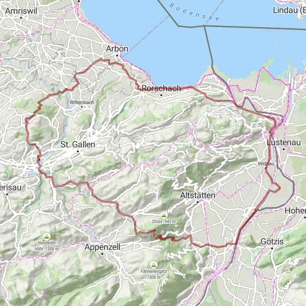 Miniature de la carte de l'inspiration cycliste "La Grande Boucle des Montagnes Rhein" dans la Ostschweiz, Switzerland. Générée par le planificateur d'itinéraire cycliste Tarmacs.app