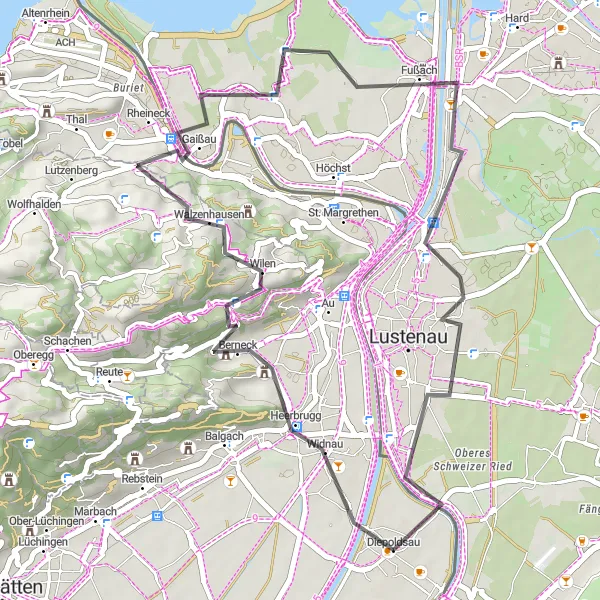 Miniaturní mapa "Cyklotrasa Rebhüttli - Diepoldsau" inspirace pro cyklisty v oblasti Ostschweiz, Switzerland. Vytvořeno pomocí plánovače tras Tarmacs.app
