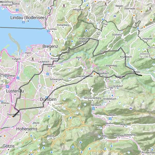 Zemljevid v pomanjšavi "Cestna kolesarska tura v okolici Diepoldsau - Langen bei Bregenz" kolesarske inspiracije v Ostschweiz, Switzerland. Generirano z načrtovalcem kolesarskih poti Tarmacs.app