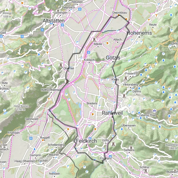 Kartminiatyr av "Diepoldsau til Kriessern Road Cycle Route" sykkelinspirasjon i Ostschweiz, Switzerland. Generert av Tarmacs.app sykkelrutoplanlegger