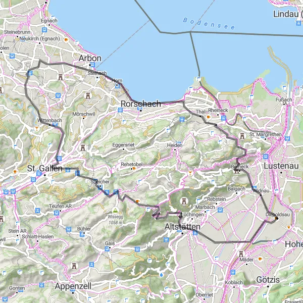 Miniatua del mapa de inspiración ciclista "Ruta panorámica por St. Gallen" en Ostschweiz, Switzerland. Generado por Tarmacs.app planificador de rutas ciclistas