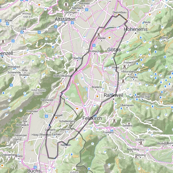 Map miniature of "Altach Loop" cycling inspiration in Ostschweiz, Switzerland. Generated by Tarmacs.app cycling route planner