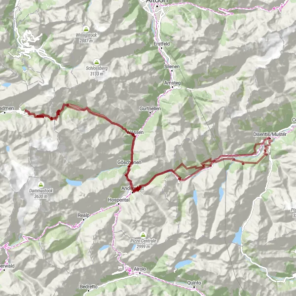 Karttaminiaatyyri "Haastava gravel-reitti Disentisistä Sustenpassille" pyöräilyinspiraatiosta alueella Ostschweiz, Switzerland. Luotu Tarmacs.app pyöräilyreittisuunnittelijalla