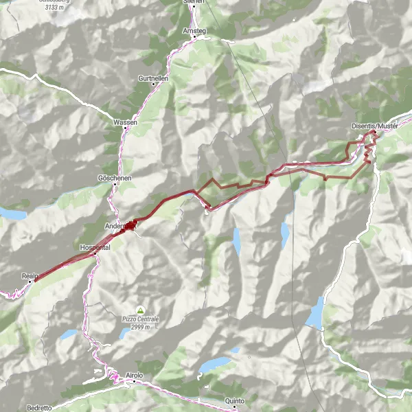 Miniatura della mappa di ispirazione al ciclismo "Giro in bicicletta in Gravels intorno a Disentis" nella regione di Ostschweiz, Switzerland. Generata da Tarmacs.app, pianificatore di rotte ciclistiche