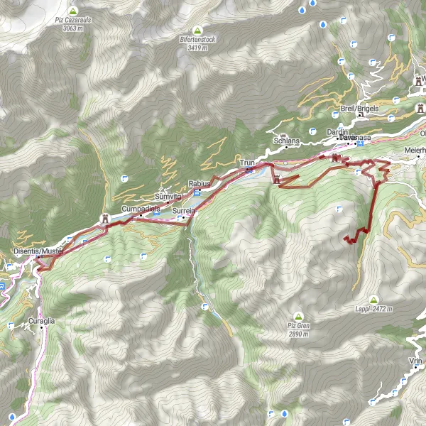 Map miniature of "Disentis Gravel Adventure" cycling inspiration in Ostschweiz, Switzerland. Generated by Tarmacs.app cycling route planner