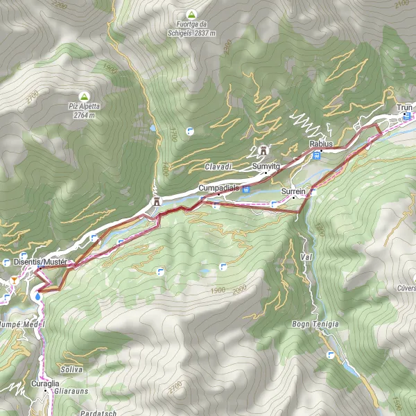 Mapa miniatúra "Gravel Route Sumvitg - Cavardiras" cyklistická inšpirácia v Ostschweiz, Switzerland. Vygenerované cyklistickým plánovačom trás Tarmacs.app