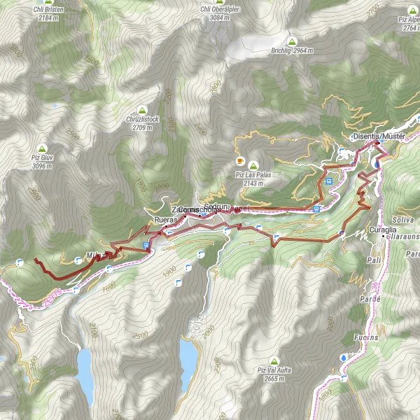 Karttaminiaatyyri "Gravel-seikkailu Disentisin ympäristössä" pyöräilyinspiraatiosta alueella Ostschweiz, Switzerland. Luotu Tarmacs.app pyöräilyreittisuunnittelijalla