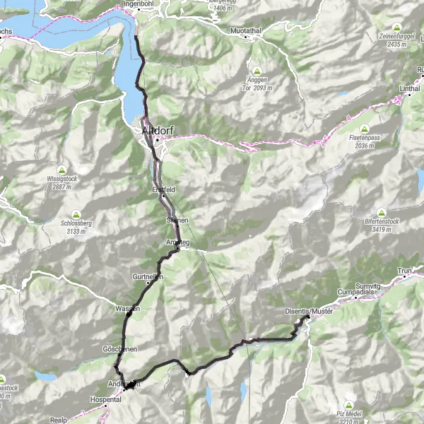 Map miniature of "Conquer the Challenging Alpine Passes" cycling inspiration in Ostschweiz, Switzerland. Generated by Tarmacs.app cycling route planner