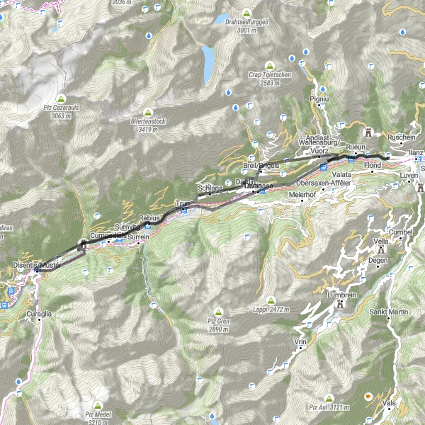 Map miniature of "Disentis to Cavardiras Loop" cycling inspiration in Ostschweiz, Switzerland. Generated by Tarmacs.app cycling route planner