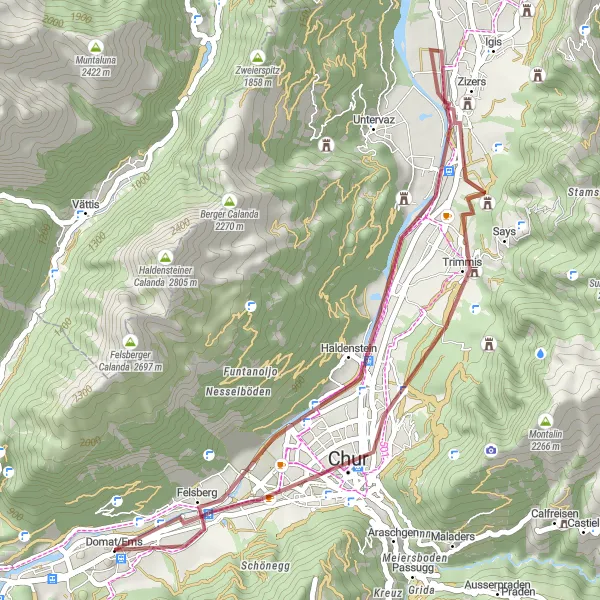 Zemljevid v pomanjšavi "Gravelski čudeži v bližini Domata" kolesarske inspiracije v Ostschweiz, Switzerland. Generirano z načrtovalcem kolesarskih poti Tarmacs.app