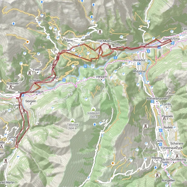 Map miniature of "Rhine and Flims Gravel Loop" cycling inspiration in Ostschweiz, Switzerland. Generated by Tarmacs.app cycling route planner