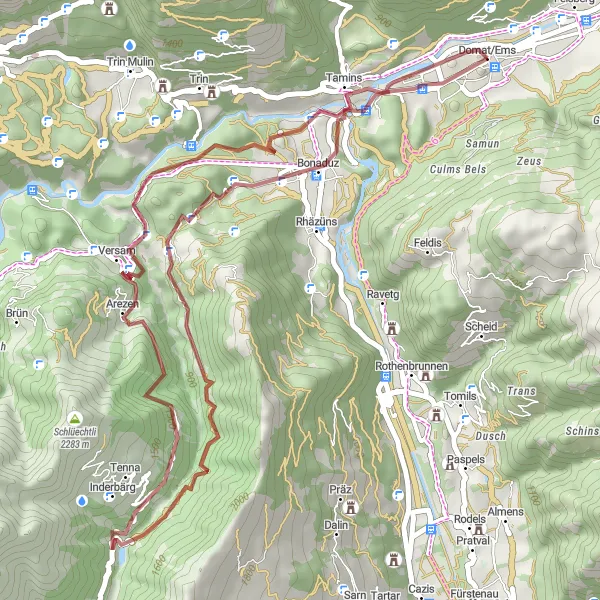 Map miniature of "Gravel Adventure: Domat/Ems to Tamins" cycling inspiration in Ostschweiz, Switzerland. Generated by Tarmacs.app cycling route planner