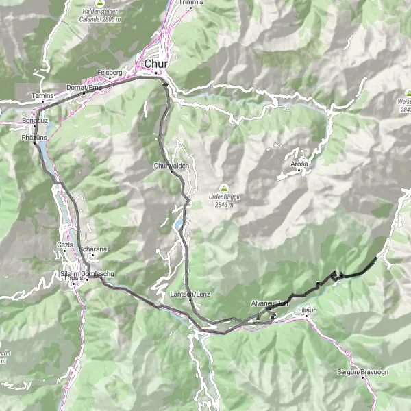 Karttaminiaatyyri "Pyörämatka Alppien sydämessä Churiin" pyöräilyinspiraatiosta alueella Ostschweiz, Switzerland. Luotu Tarmacs.app pyöräilyreittisuunnittelijalla