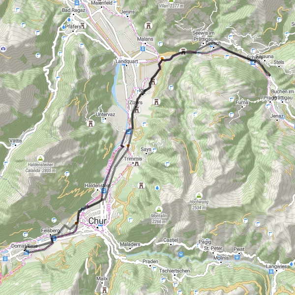 Karttaminiaatyyri "Historiallinen maantiepyöräilyreitti Graubündenissa" pyöräilyinspiraatiosta alueella Ostschweiz, Switzerland. Luotu Tarmacs.app pyöräilyreittisuunnittelijalla