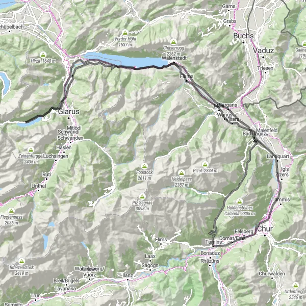 Miniatura della mappa di ispirazione al ciclismo "Il Giro del Lago di Walen" nella regione di Ostschweiz, Switzerland. Generata da Tarmacs.app, pianificatore di rotte ciclistiche