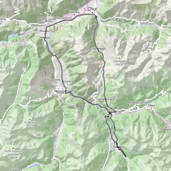 Mapa miniatúra "Náročná okruhová cesta cez Savognin a Rhäzüns" cyklistická inšpirácia v Ostschweiz, Switzerland. Vygenerované cyklistickým plánovačom trás Tarmacs.app