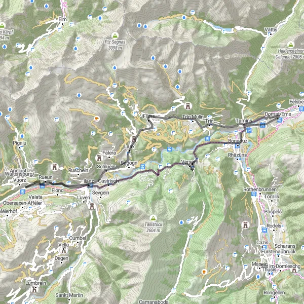 Map miniature of "Domat/Ems to Laax Circuit" cycling inspiration in Ostschweiz, Switzerland. Generated by Tarmacs.app cycling route planner