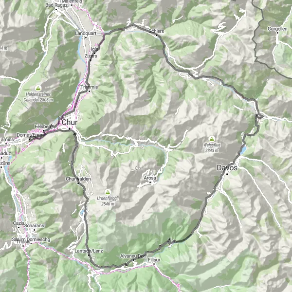 Miniaturní mapa "Long road trip with challenging ascents" inspirace pro cyklisty v oblasti Ostschweiz, Switzerland. Vytvořeno pomocí plánovače tras Tarmacs.app