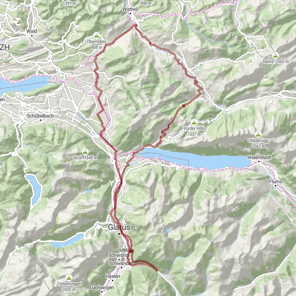 Mapa miniatúra "Gravel výlet cez kopce" cyklistická inšpirácia v Ostschweiz, Switzerland. Vygenerované cyklistickým plánovačom trás Tarmacs.app
