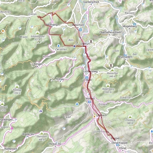 Zemljevid v pomanjšavi "Pustolovščina na gorskem kolesu od Kappela do Ulisbacha" kolesarske inspiracije v Ostschweiz, Switzerland. Generirano z načrtovalcem kolesarskih poti Tarmacs.app