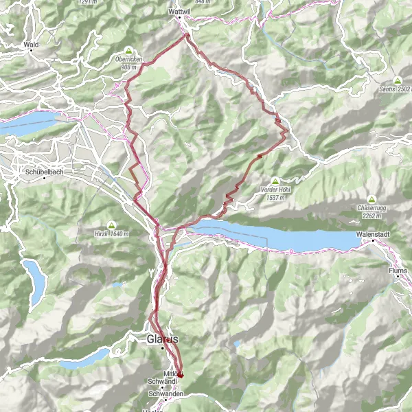 Mapa miniatúra "Náročná gravelová trasa přes Mitlödi a Ziegelbrücke" cyklistická inšpirácia v Ostschweiz, Switzerland. Vygenerované cyklistickým plánovačom trás Tarmacs.app