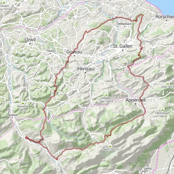 Miniaturekort af cykelinspirationen "Spændende grusvejsrute til Schwägalp og Weissbad" i Ostschweiz, Switzerland. Genereret af Tarmacs.app cykelruteplanlægger