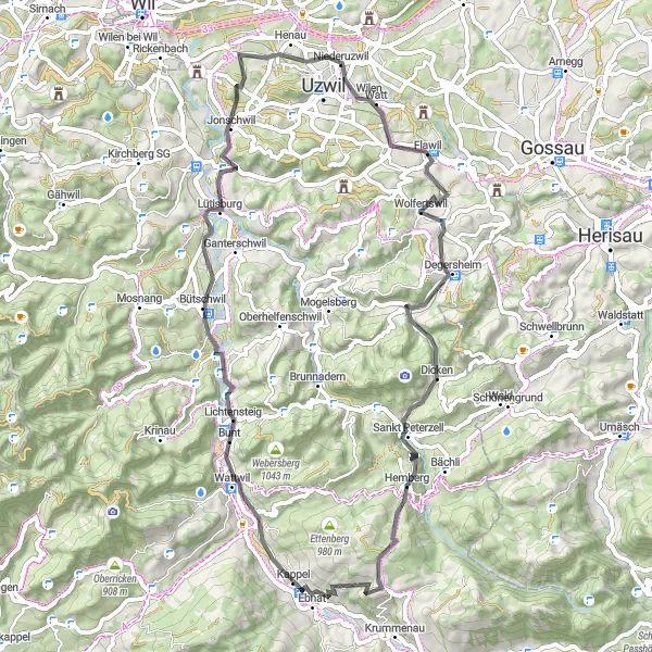 Miniatua del mapa de inspiración ciclista "Ruta en Carretera por Kappel y Flawil" en Ostschweiz, Switzerland. Generado por Tarmacs.app planificador de rutas ciclistas