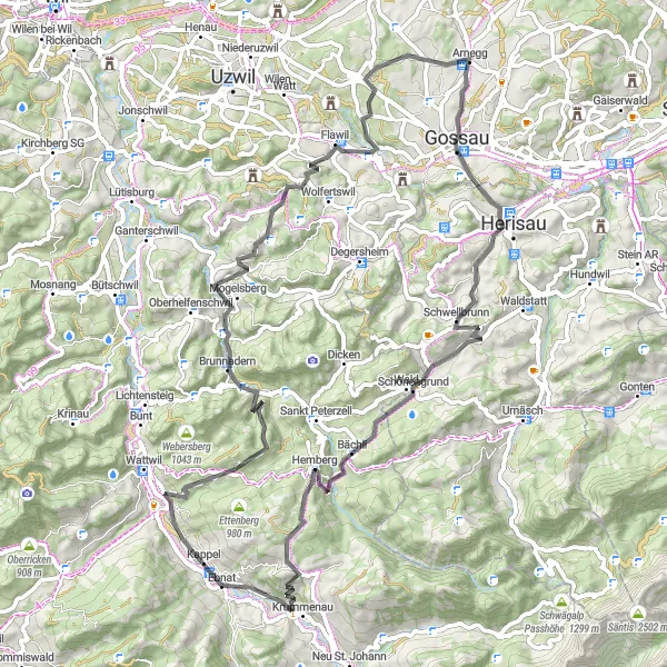 Zemljevid v pomanjšavi "Bicikliranje od Ebnat do Hemberga in nazaj" kolesarske inspiracije v Ostschweiz, Switzerland. Generirano z načrtovalcem kolesarskih poti Tarmacs.app