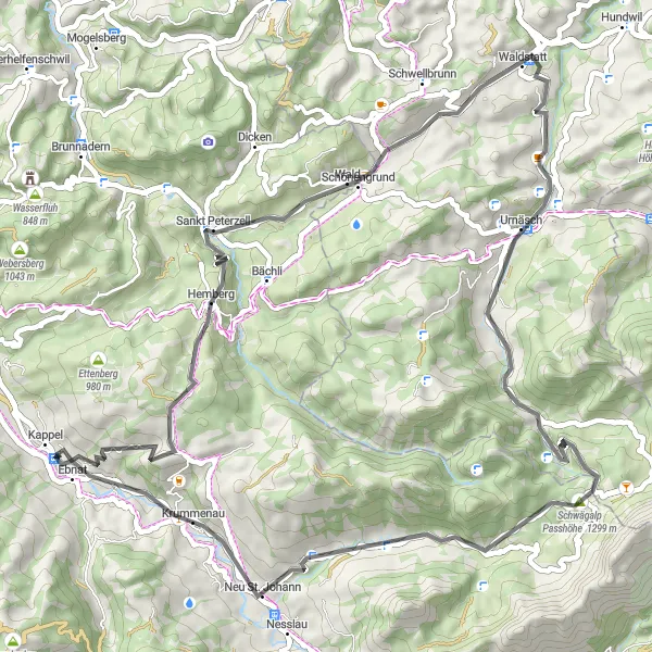 Miniatura della mappa di ispirazione al ciclismo "Giro in bicicletta stradale da Ebnat a Urnäsch" nella regione di Ostschweiz, Switzerland. Generata da Tarmacs.app, pianificatore di rotte ciclistiche