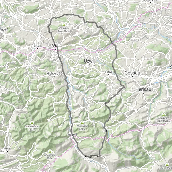 Map miniature of "Kappel to Ebnat Road Cycling Expedition" cycling inspiration in Ostschweiz, Switzerland. Generated by Tarmacs.app cycling route planner
