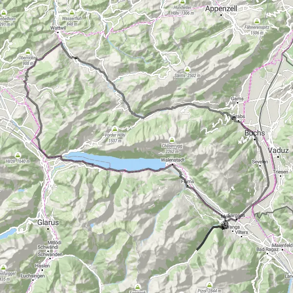 Zemljevid v pomanjšavi "Road Cycling Adventure from Ebnat-Kappel" kolesarske inspiracije v Ostschweiz, Switzerland. Generirano z načrtovalcem kolesarskih poti Tarmacs.app